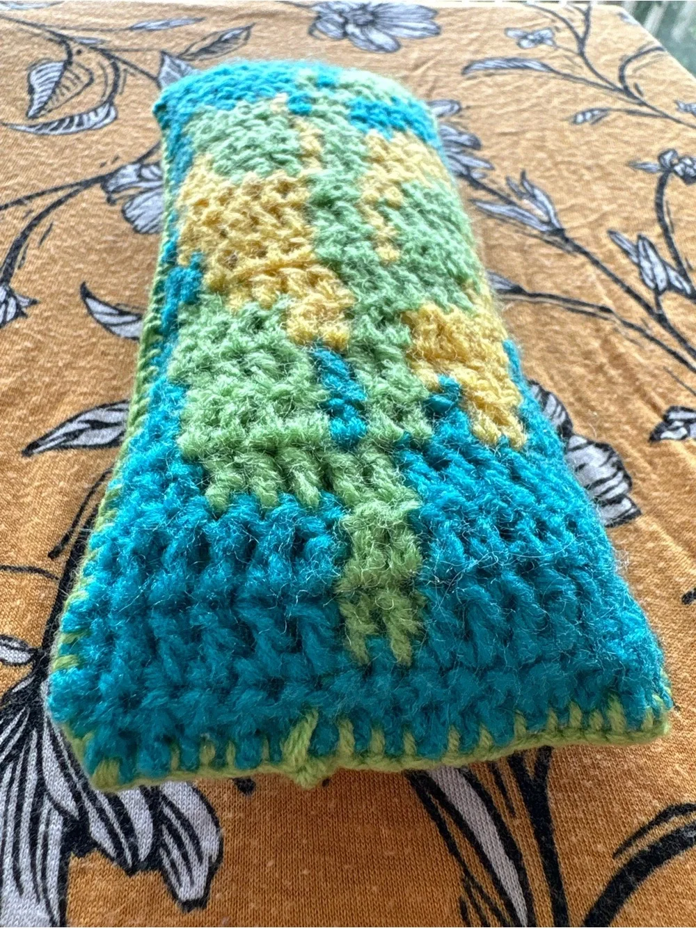 Handmade Crocheted Pillow - Turquoise, Green & Yellow